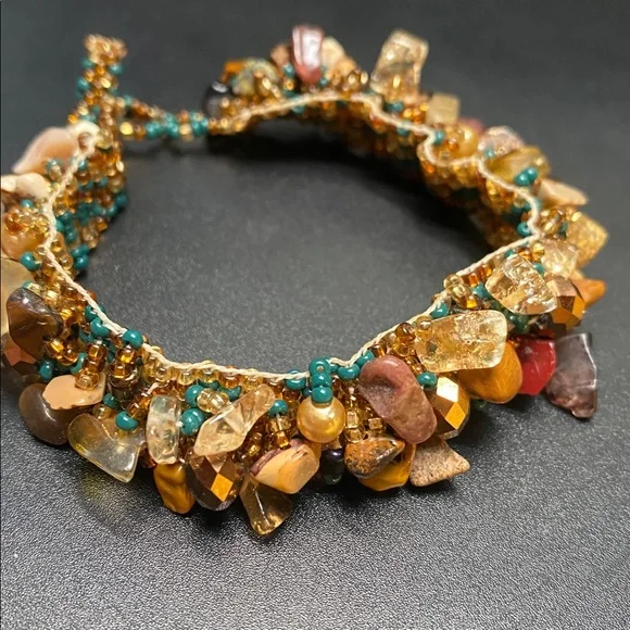 Handmade Beaded Gemstone Bracelet With Gold Accents Boho Fashion Rustic Chic - Picture 3 of 9